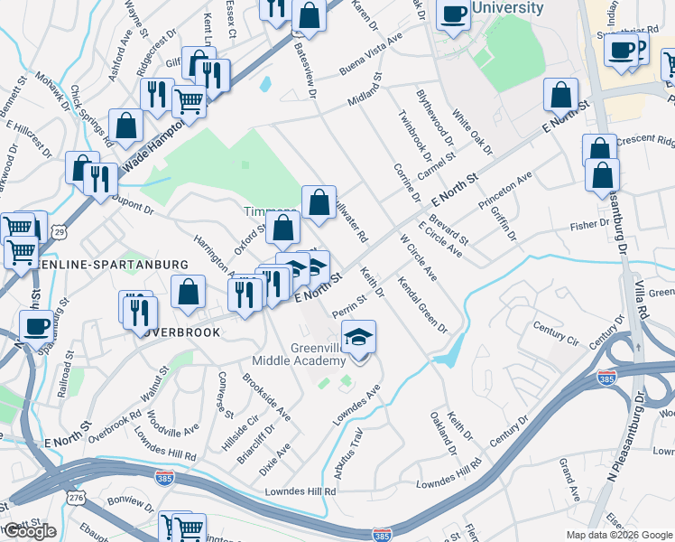 map of restaurants, bars, coffee shops, grocery stores, and more near 1731 East North Street in Greenville