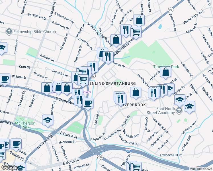 map of restaurants, bars, coffee shops, grocery stores, and more near in Greenville
