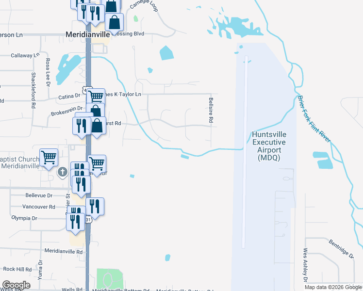 map of restaurants, bars, coffee shops, grocery stores, and more near 136 Wickstone Road in Meridianville