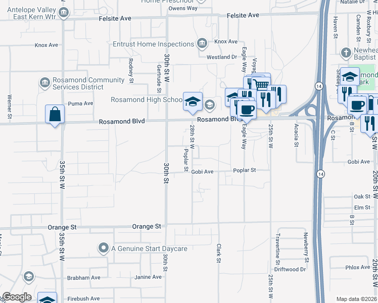 map of restaurants, bars, coffee shops, grocery stores, and more near 2825 28th Street West in Rosamond
