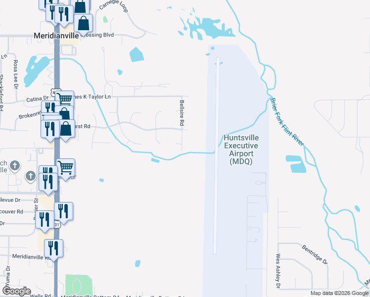 map of restaurants, bars, coffee shops, grocery stores, and more near 191 Bellsire Road in Meridianville