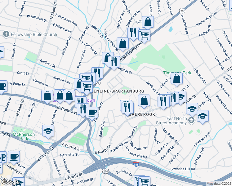 map of restaurants, bars, coffee shops, grocery stores, and more near in Greenville