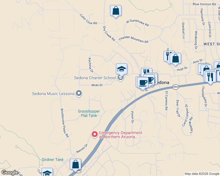 map of restaurants, bars, coffee shops, grocery stores, and more near 3435 Moki Drive in Sedona