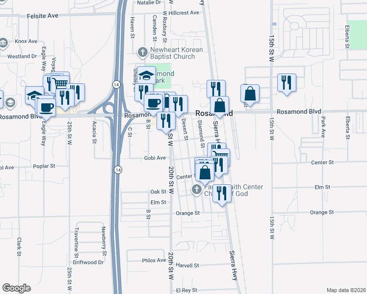 map of restaurants, bars, coffee shops, grocery stores, and more near 2851 Desert Street in Rosamond