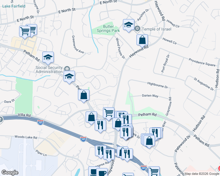 map of restaurants, bars, coffee shops, grocery stores, and more near 5 Crystal Springs Road in Greenville