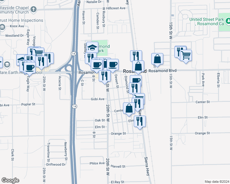 map of restaurants, bars, coffee shops, grocery stores, and more near 2851 Desert Street in Rosamond