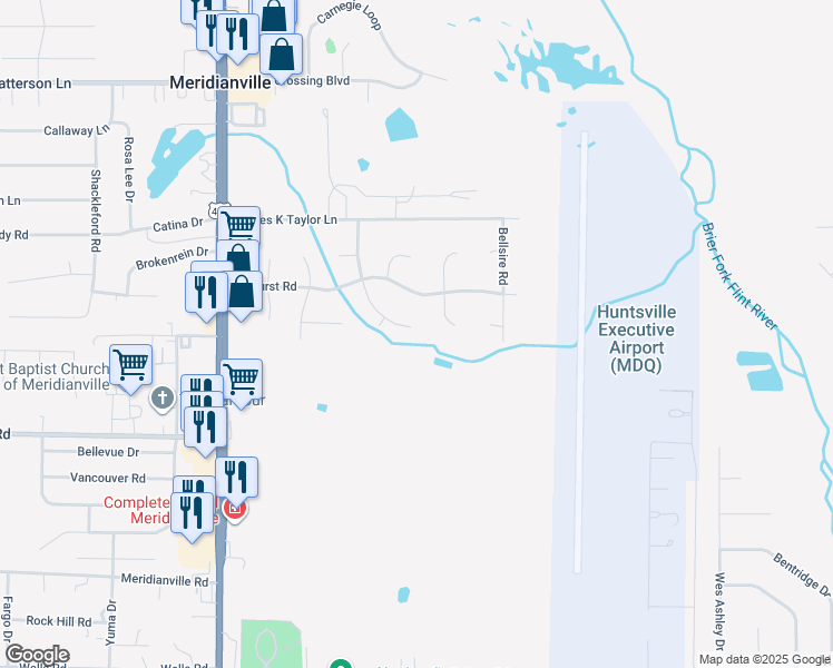 map of restaurants, bars, coffee shops, grocery stores, and more near 136 Wickstone Road in Meridianville