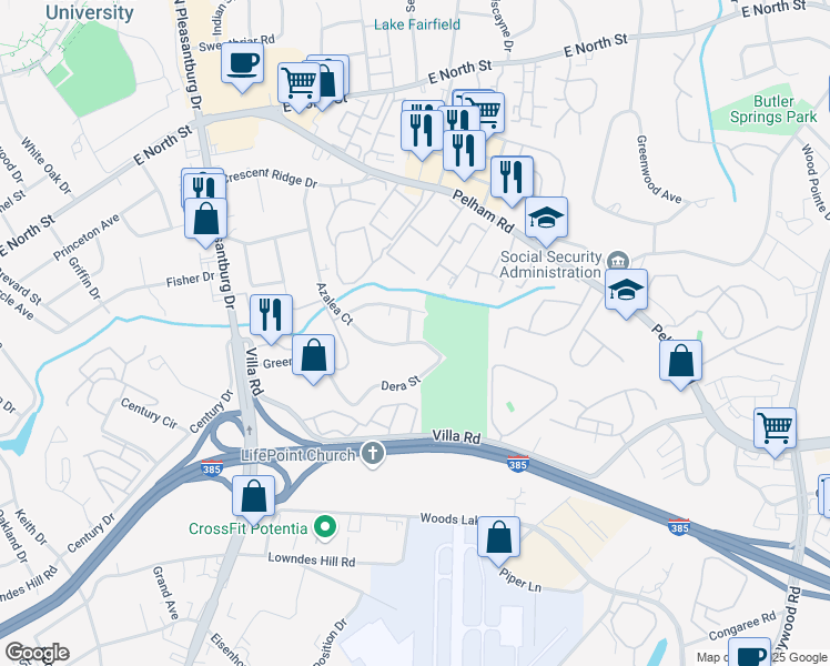 map of restaurants, bars, coffee shops, grocery stores, and more near 301 Azalea Court in Greenville