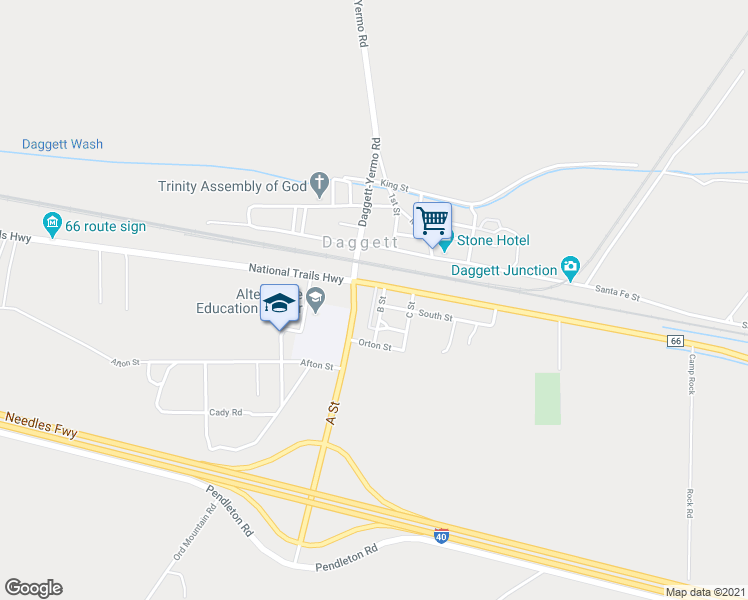 map of restaurants, bars, coffee shops, grocery stores, and more near 33491 B Street in Daggett