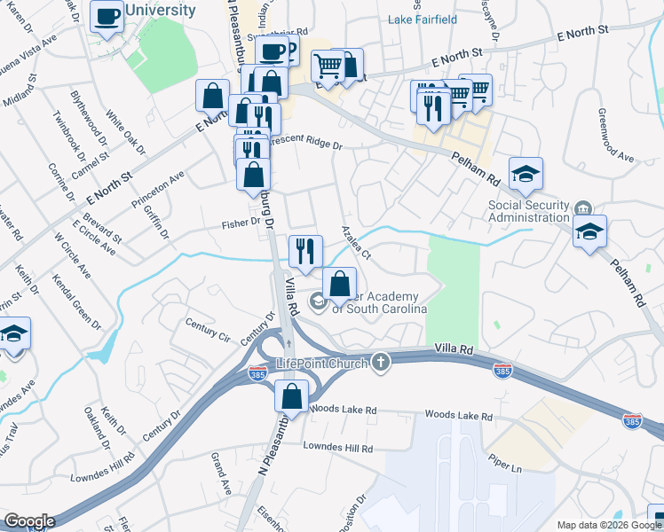 map of restaurants, bars, coffee shops, grocery stores, and more near 15 Villa Road in Greenville