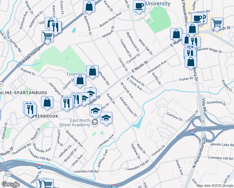 map of restaurants, bars, coffee shops, grocery stores, and more near 2 Kendal Green Drive in Greenville