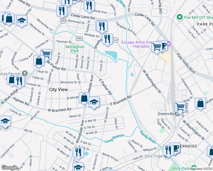map of restaurants, bars, coffee shops, grocery stores, and more near 3 City View Street in Greenville