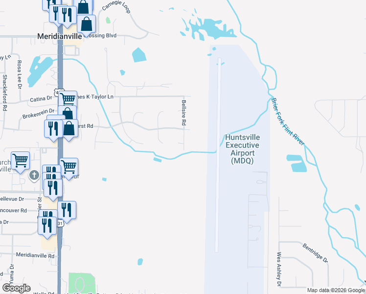 map of restaurants, bars, coffee shops, grocery stores, and more near 191 Bellsire Road in Meridianville