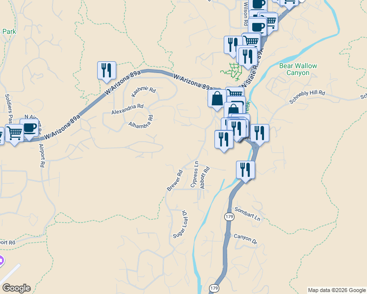 map of restaurants, bars, coffee shops, grocery stores, and more near 355 Brewer Road in Sedona