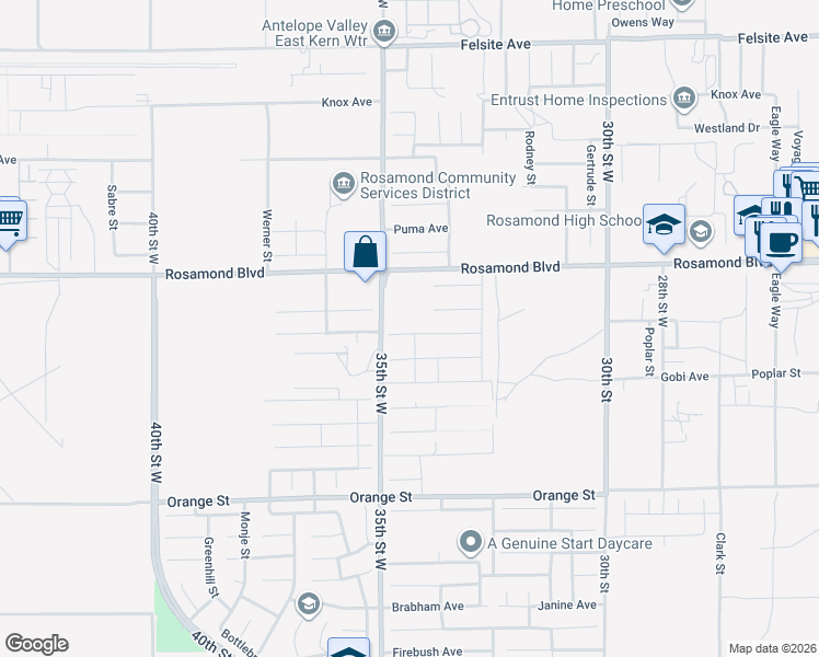 map of restaurants, bars, coffee shops, grocery stores, and more near 3425 Kellie Avenue in Rosamond