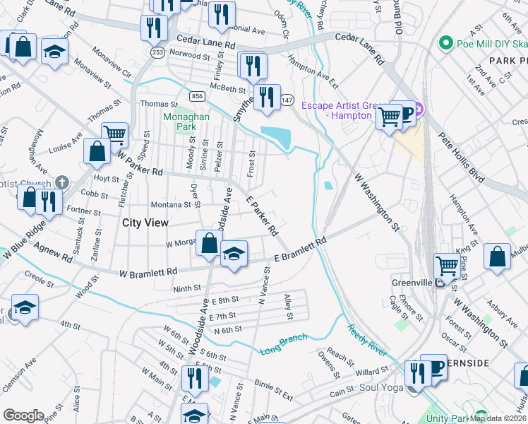 map of restaurants, bars, coffee shops, grocery stores, and more near 3 City View Street in Greenville