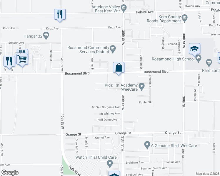 map of restaurants, bars, coffee shops, grocery stores, and more near 3601 Mount Lassen Avenue in Rosamond