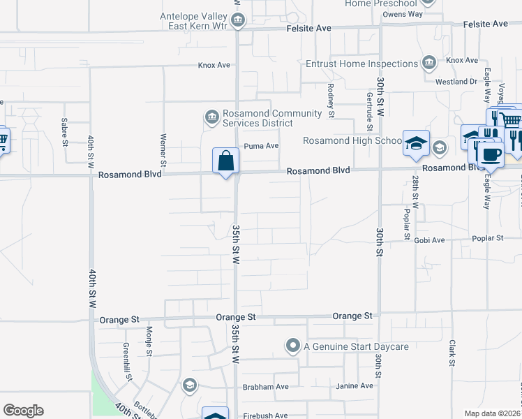 map of restaurants, bars, coffee shops, grocery stores, and more near 3391 Kellie Avenue in Rosamond