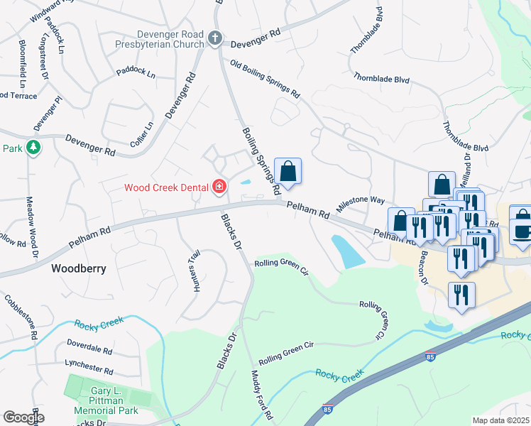 map of restaurants, bars, coffee shops, grocery stores, and more near 2702 Pelham Road in Greenville