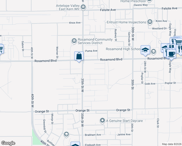 map of restaurants, bars, coffee shops, grocery stores, and more near 3391 Kellie Avenue in Rosamond