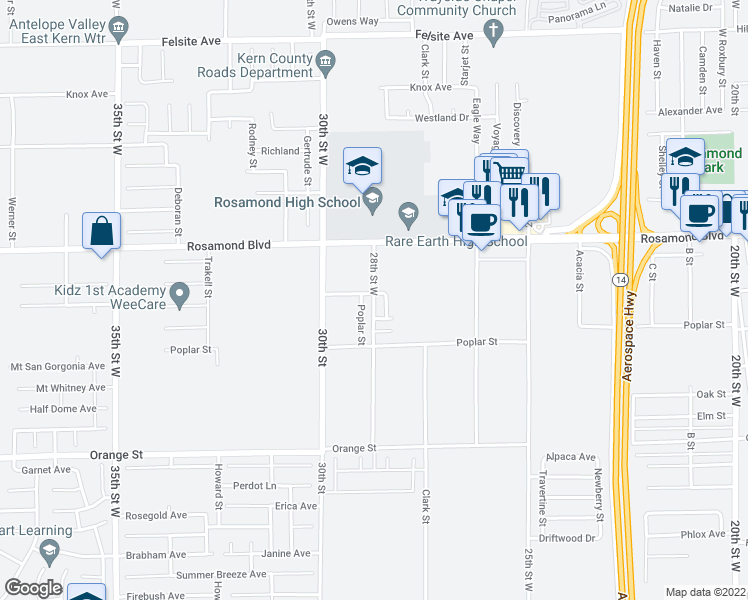 map of restaurants, bars, coffee shops, grocery stores, and more near 2838 28th Street West in Rosamond