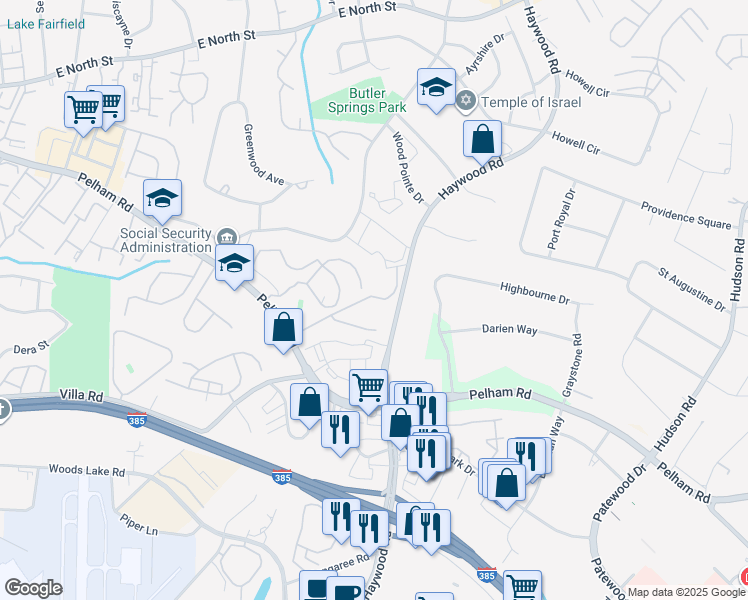 map of restaurants, bars, coffee shops, grocery stores, and more near 5 Crystal Springs Road in Greenville