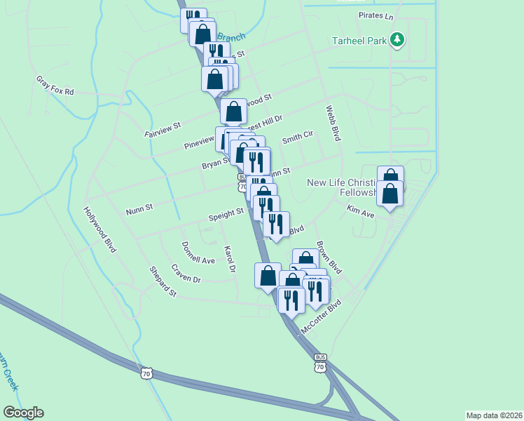 map of restaurants, bars, coffee shops, grocery stores, and more near 1015 East Main Street in Havelock