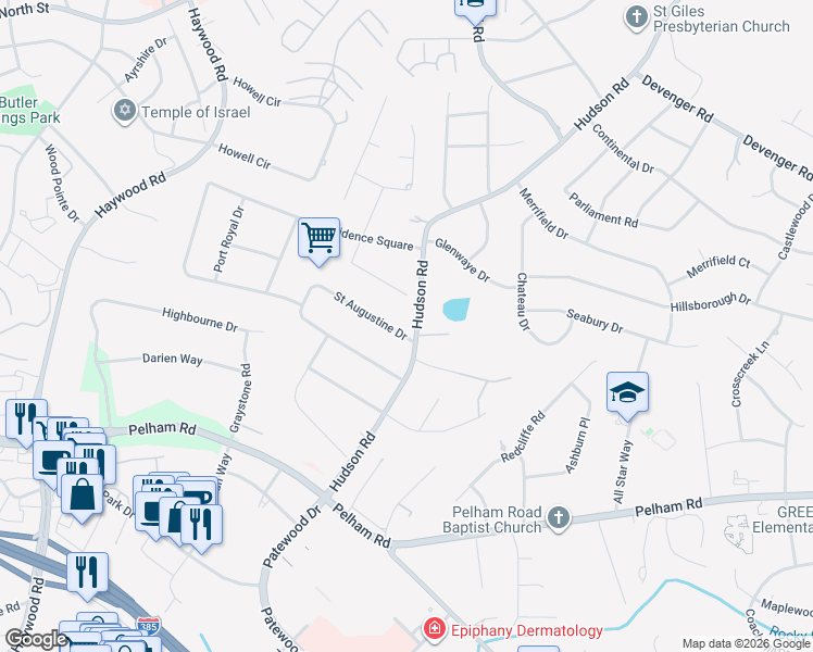 map of restaurants, bars, coffee shops, grocery stores, and more near 1 Prestige Court in Greenville