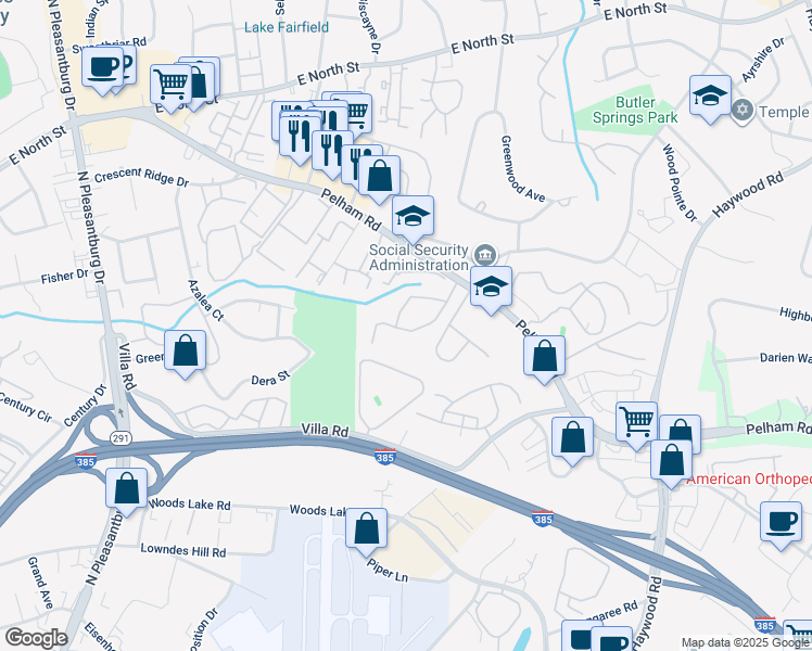 map of restaurants, bars, coffee shops, grocery stores, and more near 124 Inglewood Way in Greenville