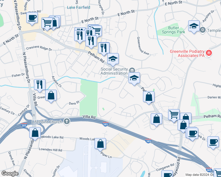 map of restaurants, bars, coffee shops, grocery stores, and more near 124 Inglewood Way in Greenville