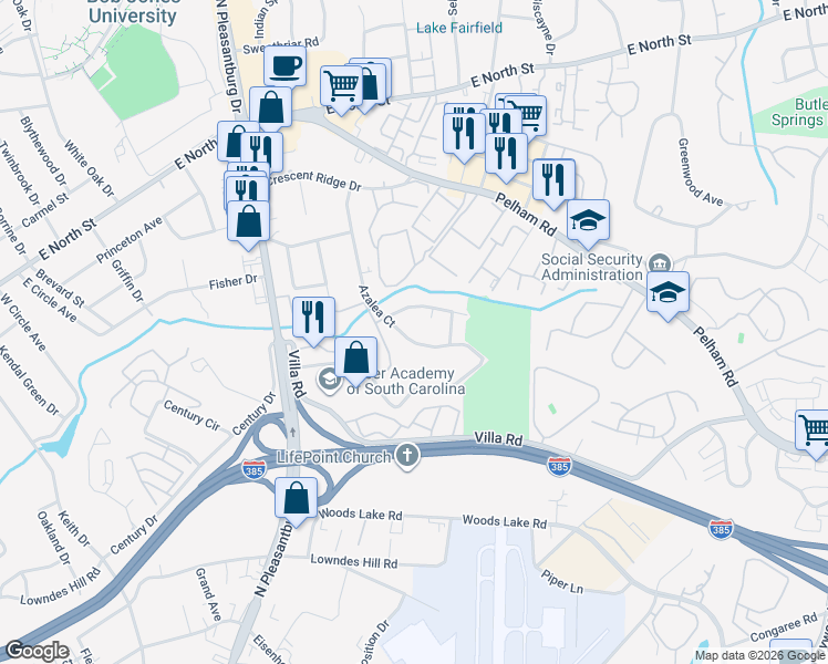 map of restaurants, bars, coffee shops, grocery stores, and more near 220 Azalea Court in Greenville