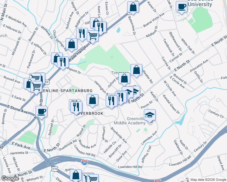 map of restaurants, bars, coffee shops, grocery stores, and more near 3 Prescott Street in Greenville