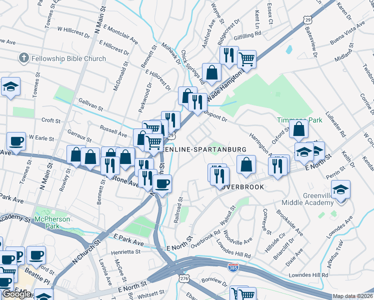 map of restaurants, bars, coffee shops, grocery stores, and more near 316 Spartanburg Street in Greenville