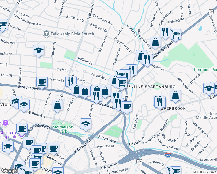 map of restaurants, bars, coffee shops, grocery stores, and more near 221 East Earle Street in Greenville