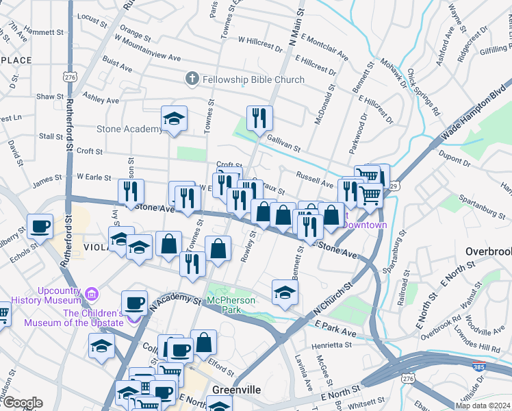 map of restaurants, bars, coffee shops, grocery stores, and more near 8275 East Stone Avenue in Greenville