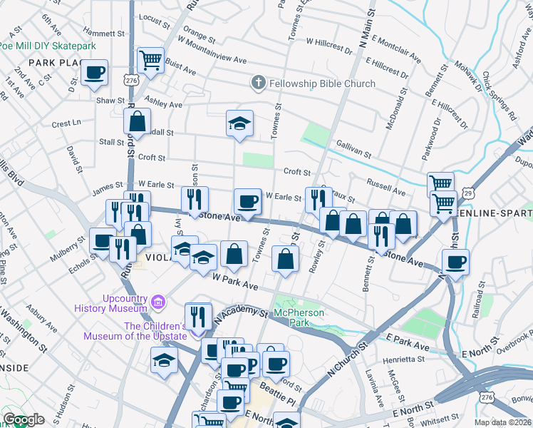 map of restaurants, bars, coffee shops, grocery stores, and more near 103 West Stone Avenue in Greenville
