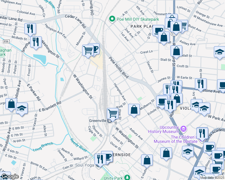 map of restaurants, bars, coffee shops, grocery stores, and more near 312 Frank Street in Greenville