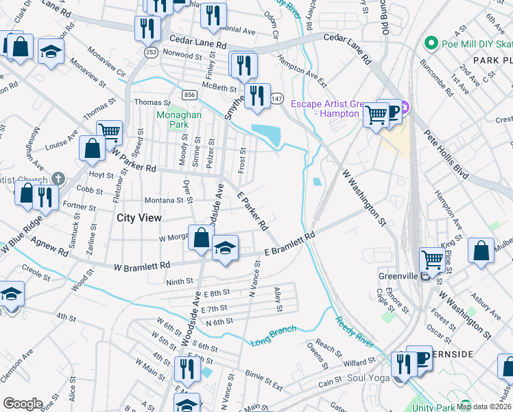 map of restaurants, bars, coffee shops, grocery stores, and more near 102 East Parker Road in Greenville