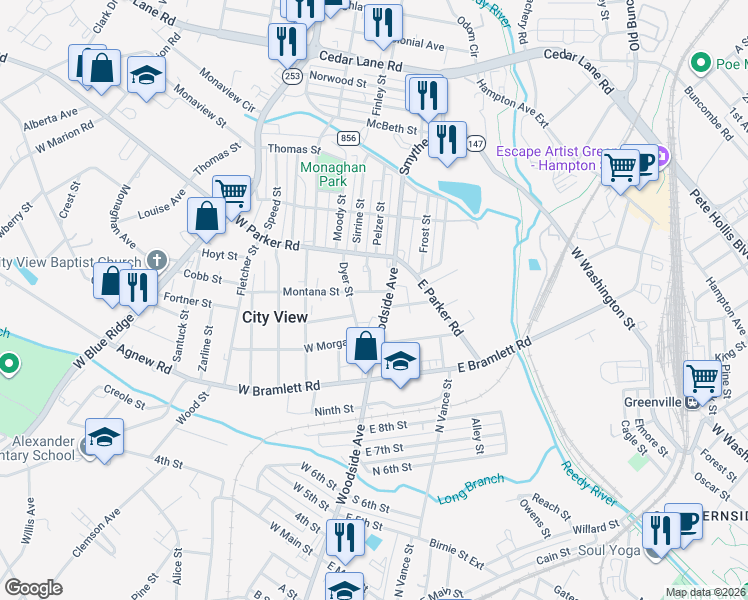 map of restaurants, bars, coffee shops, grocery stores, and more near 8 Dyer Street in Greenville
