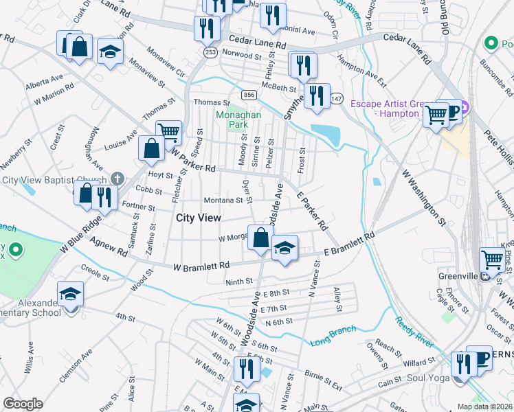 map of restaurants, bars, coffee shops, grocery stores, and more near 8 Dyer Street in Greenville