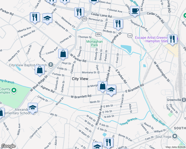 map of restaurants, bars, coffee shops, grocery stores, and more near 12 Bragg Street in Greenville