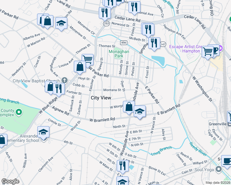 map of restaurants, bars, coffee shops, grocery stores, and more near 12 Bragg Street in Greenville