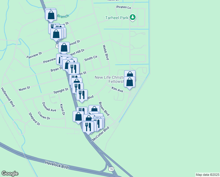 map of restaurants, bars, coffee shops, grocery stores, and more near 112 Christopher Court in Havelock