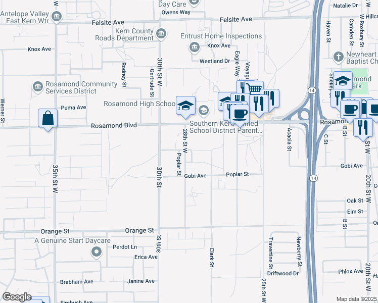 map of restaurants, bars, coffee shops, grocery stores, and more near 2836 28th Street West in Rosamond