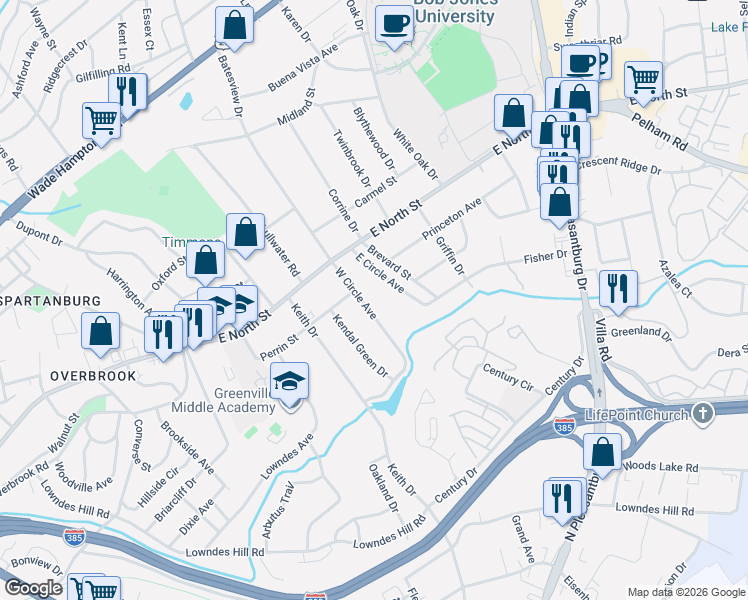 map of restaurants, bars, coffee shops, grocery stores, and more near 112 West Circle Avenue in Greenville
