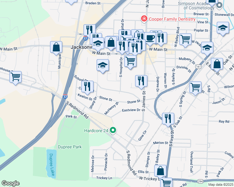 map of restaurants, bars, coffee shops, grocery stores, and more near 1301 School Drive in Jacksonville