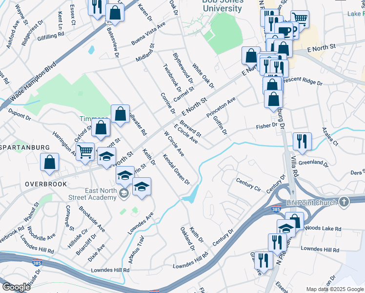 map of restaurants, bars, coffee shops, grocery stores, and more near 112 West Circle Avenue in Greenville