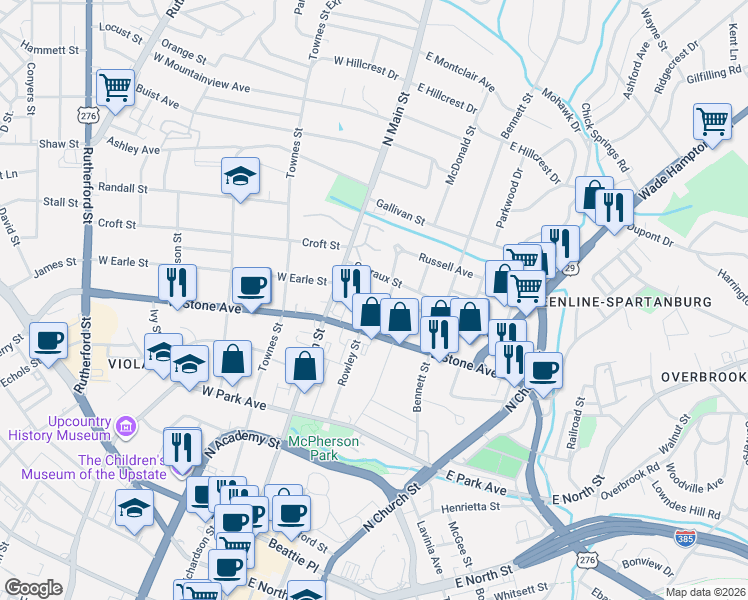 map of restaurants, bars, coffee shops, grocery stores, and more near 9 Elizabeth Street in Greenville