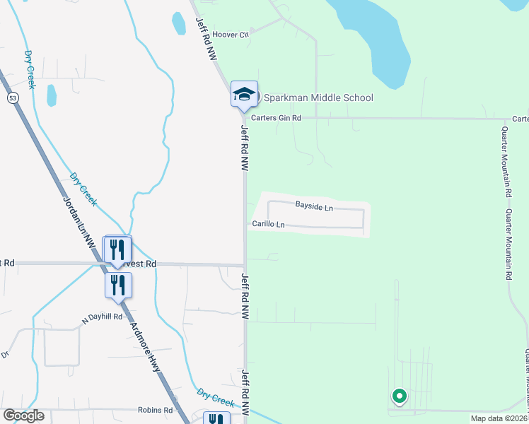 map of restaurants, bars, coffee shops, grocery stores, and more near 104 Bayside Lane in Toney