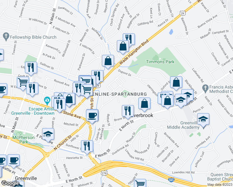 map of restaurants, bars, coffee shops, grocery stores, and more near in Greenville